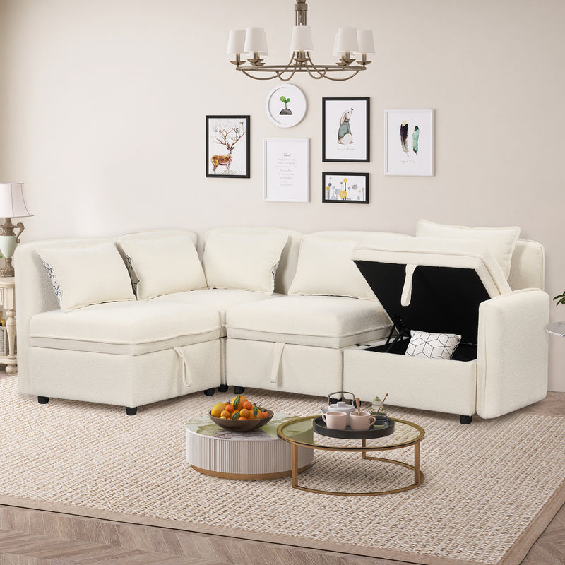 122.8" Convertible Modular Minimalist Sofa Free Combination 4 Seater Sofa Chenille Fabric Sectional sofa with 5 Pillows for Living Room, Office, Apartment, Small Space, Cream