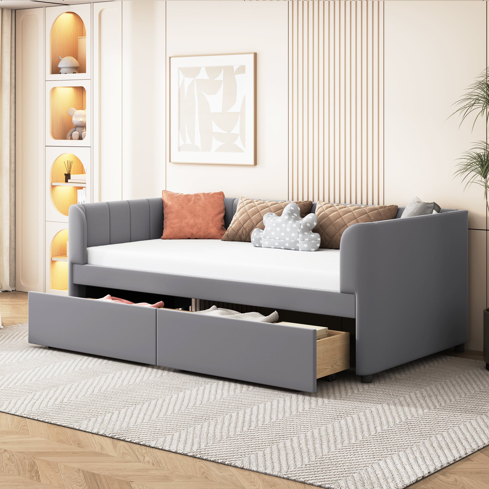 Twin Size Upholstered Daybed with Ergonomic Design Backrest and 2 Drawers, Gray - Atlantic Fine Furniture Melbourne FL