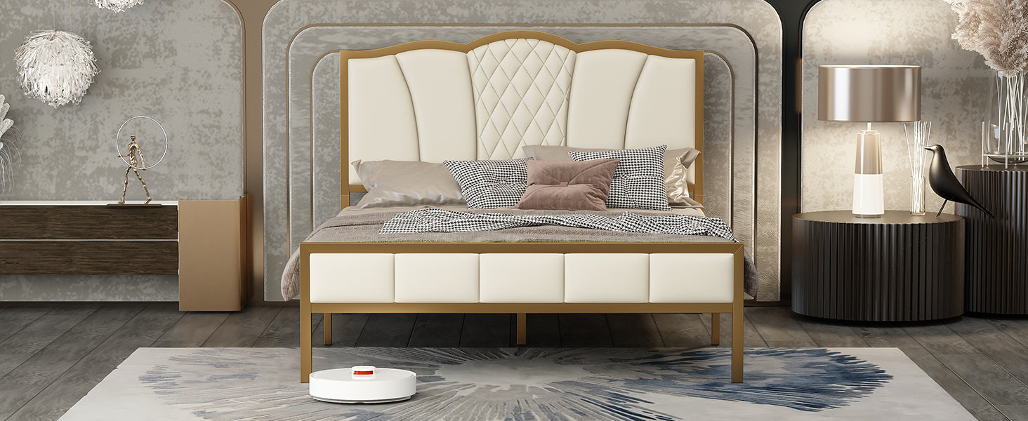 Full Size Bed Frame, Modern Upholstered Bed Frame with Tufted Headboard, Golden Metal Platform Bed Frame with Wood Slat Support, Noise Free, No Box Spring Needed,Beige