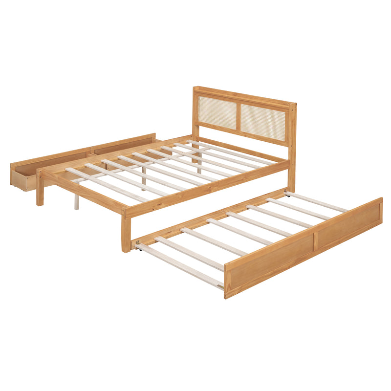 Full Size Elegant Bed Frame with Rattan Headboard and Sockets ,Walnut