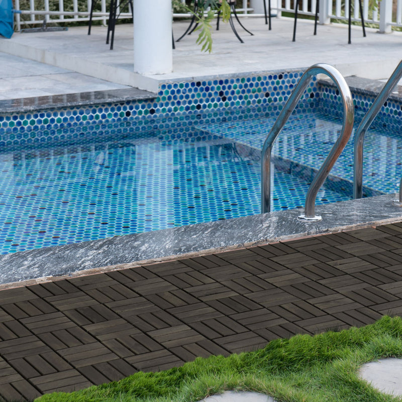 Acacia Wood Interlocking Deck Tiles Checker Pattern For Outdoor Flooring