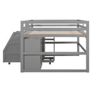 Full Size Functional Loft Bed with Cabinets and Drawers, Hanging Clothes at the back of the Staircase, Gray