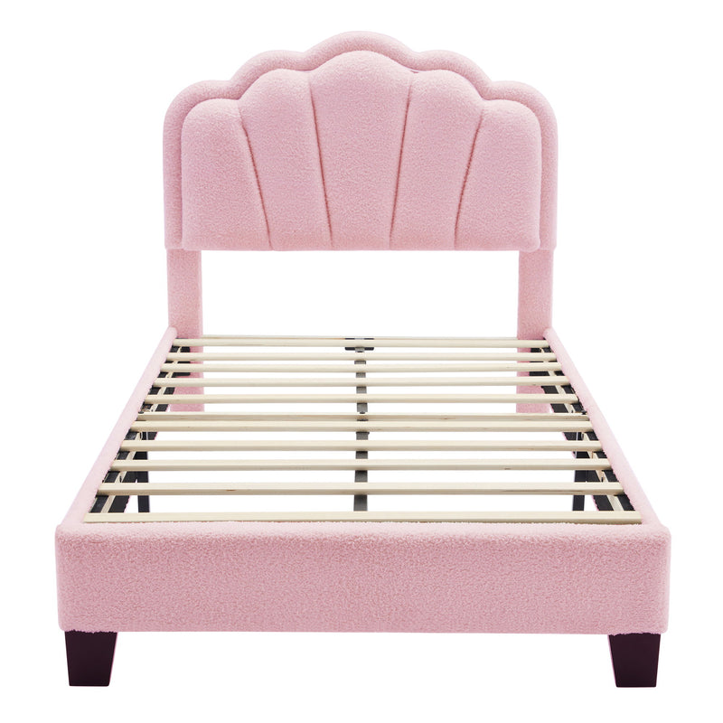 Upholstered Elegant Flowers Headboard With LED Light Strip, Platform Bed With Slats Support
