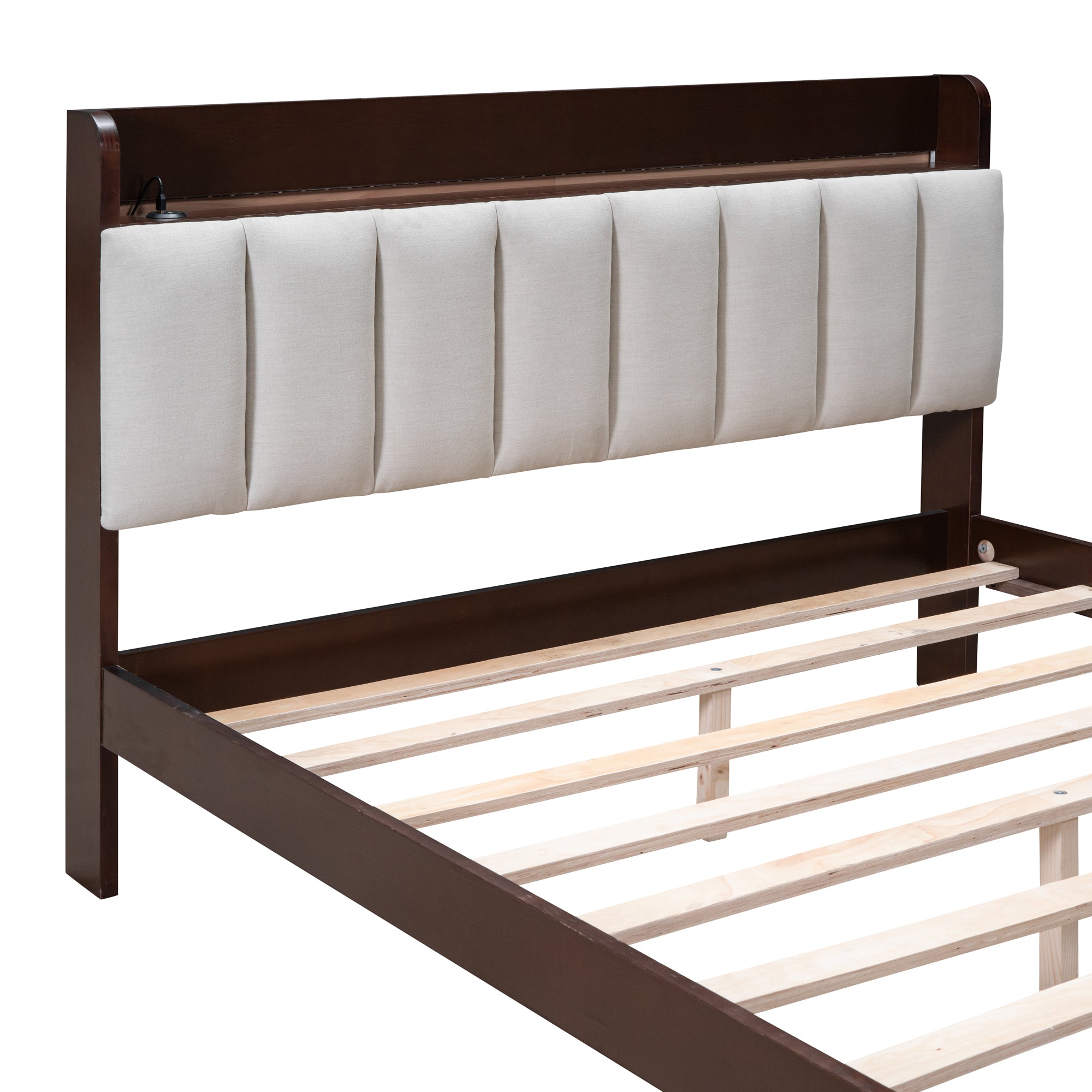 Full size Platform Bed with USB Charging Station and Storage Upholstered Headboard,LED Bed Frame,No Box Spring Needed,Walnut+Beige - Atlantic Fine Furniture Melbourne FL