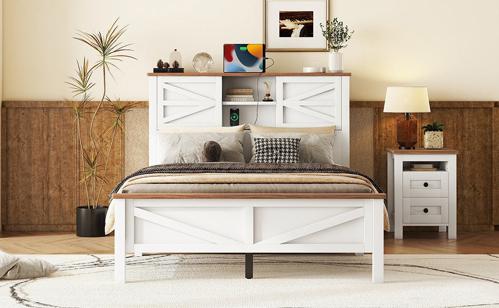 Farmhouse Platform Bed with Double Sliding Barn Door, Full Size Rustic Wood Bed with
Charging Station, Wood Slats Support, White+Brown