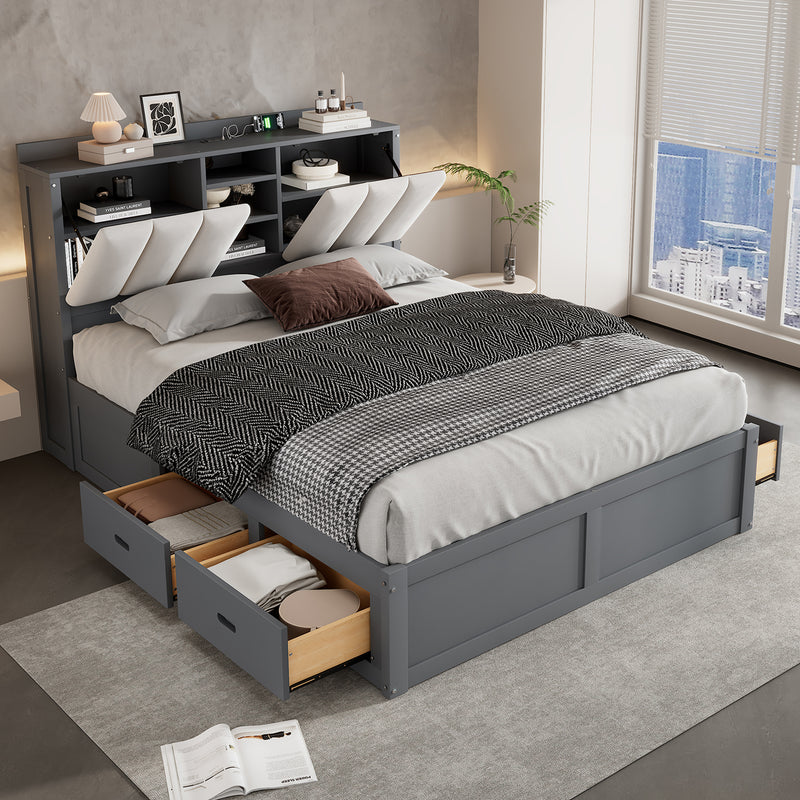 Wood Full Size Platform Bed with Storage Headboard and 4 Drawers, Gray