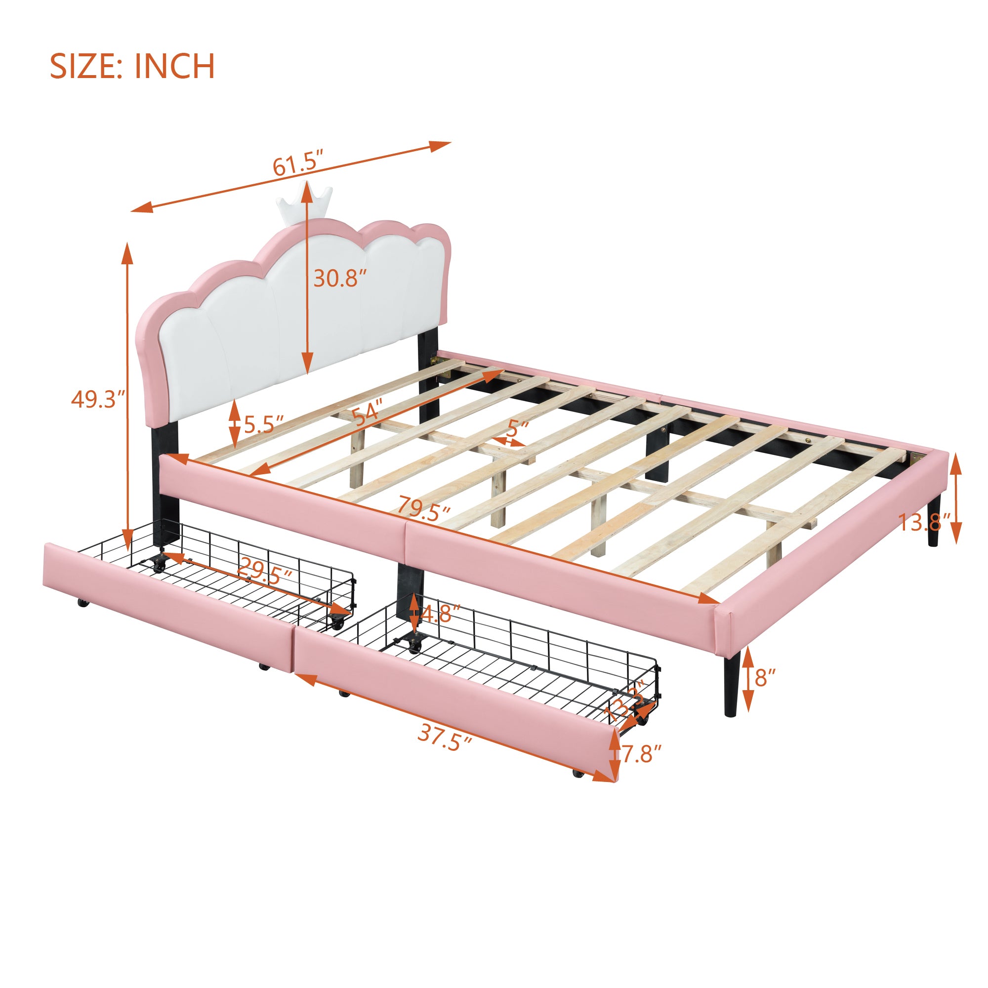 Full Size Princess Bed With Crown Headboard and 2 Drawers, Full size Platform Bed with Headboard and Footboard,White+Pink