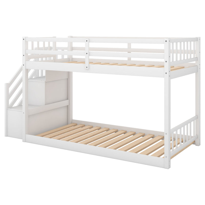 Twin Over Twin Floor Bunk Bed, Ladder With Storage