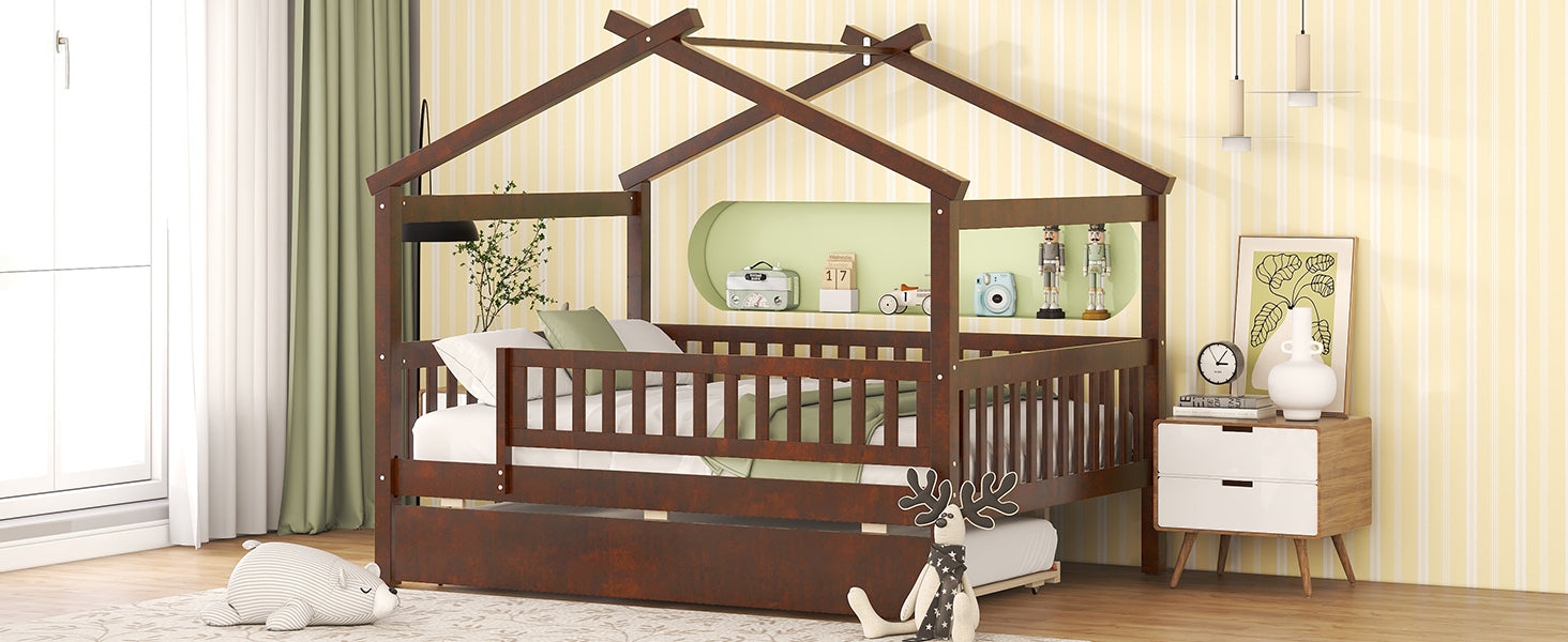 Full Size Wooden House Bed with Twin Size Trundle, Walnut - Atlantic Fine Furniture Melbourne FL