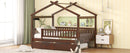 Full Size Wooden House Bed with Twin Size Trundle, Walnut