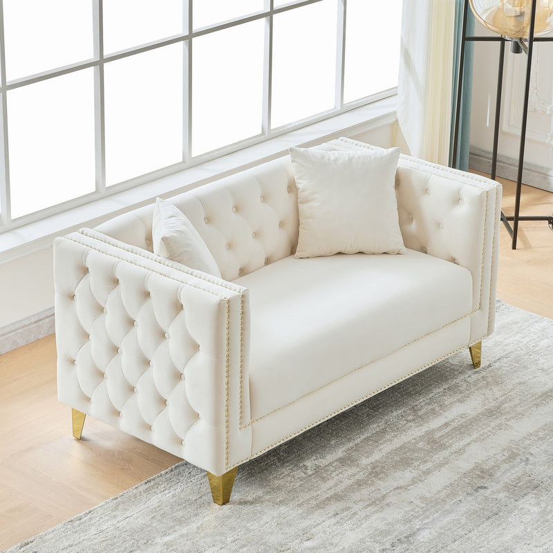2 Seater Deep Seat Sofa, Sofa With Button Nailhead, Square Arm Couches, Furniture For Living Room - Beige