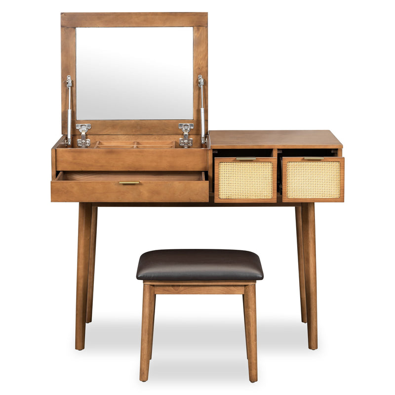 Classic Wood Makeup Vanity Set With Flip-Top Mirror And Stool, Dressing Table With Three Drawers And Storage Space