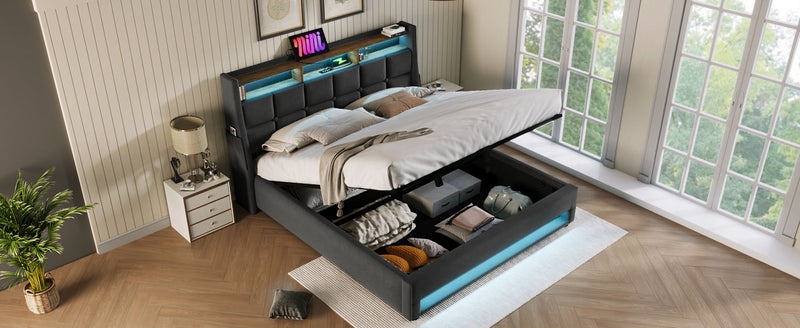 Upholstered Platform Bed With A Hydraulic Storage System, LED And USB Charging (Without Mattress)