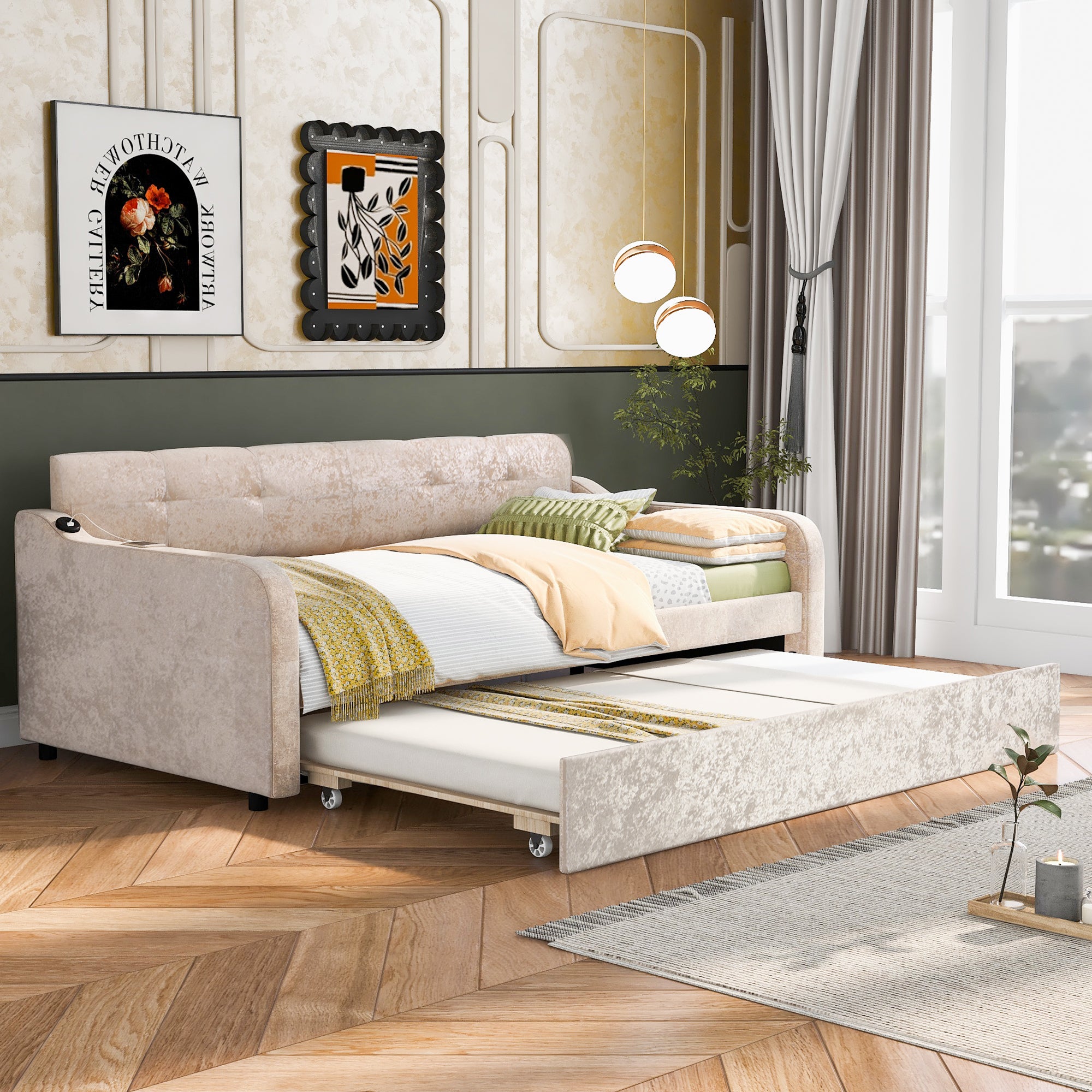 Twin Size Snowflake Velvet Daybed with Trundle and USB Charging Design,Beige - Atlantic Fine Furniture Melbourne FL