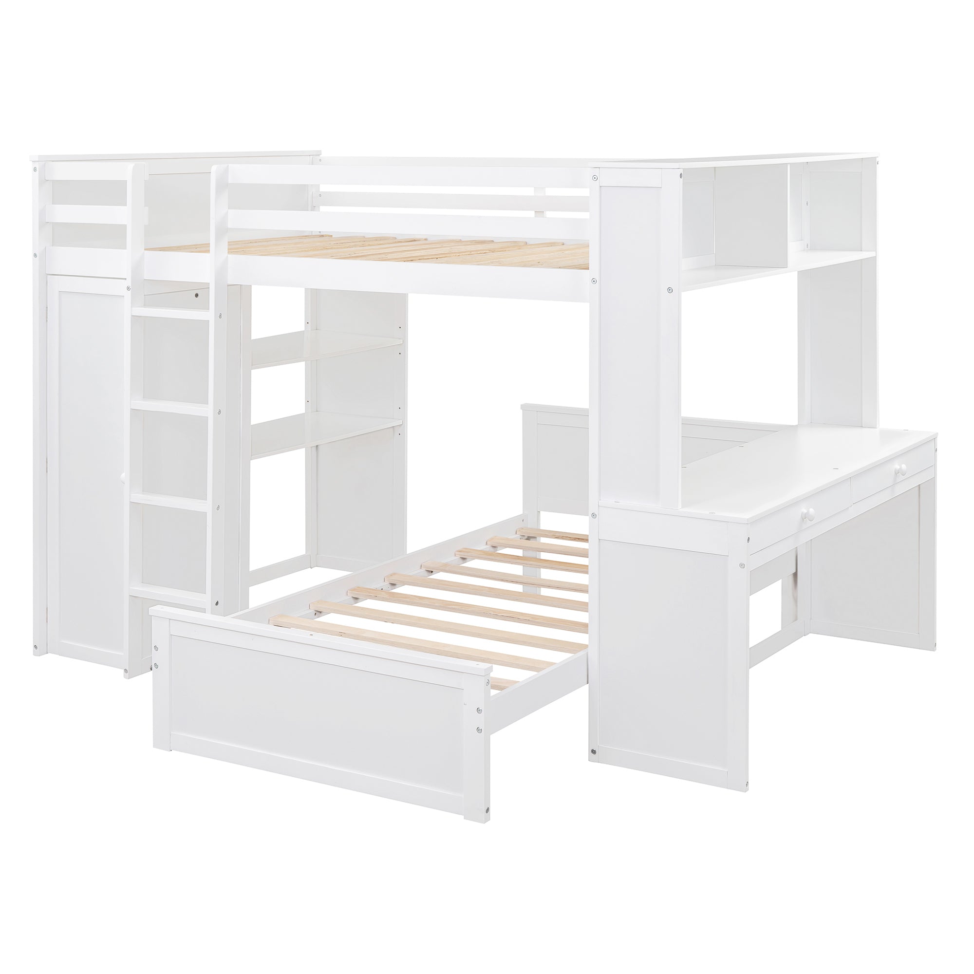 Full size Loft Bed with a twin size Stand-alone bed, Shelves,Desk,and Wardrobe-White