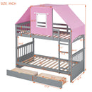 Twin Over Twin Bunk Bed Wood Bed with Tent and Drawers, Gray+Pink Tent