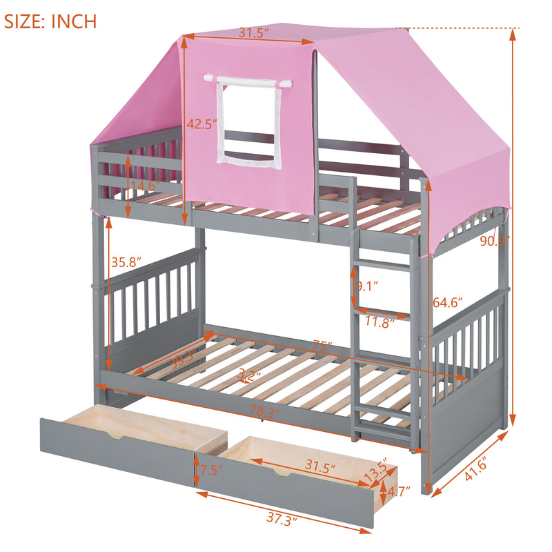 Twin Over Twin Bunk Bed Wood Bed with Tent and Drawers, Gray+Pink Tent