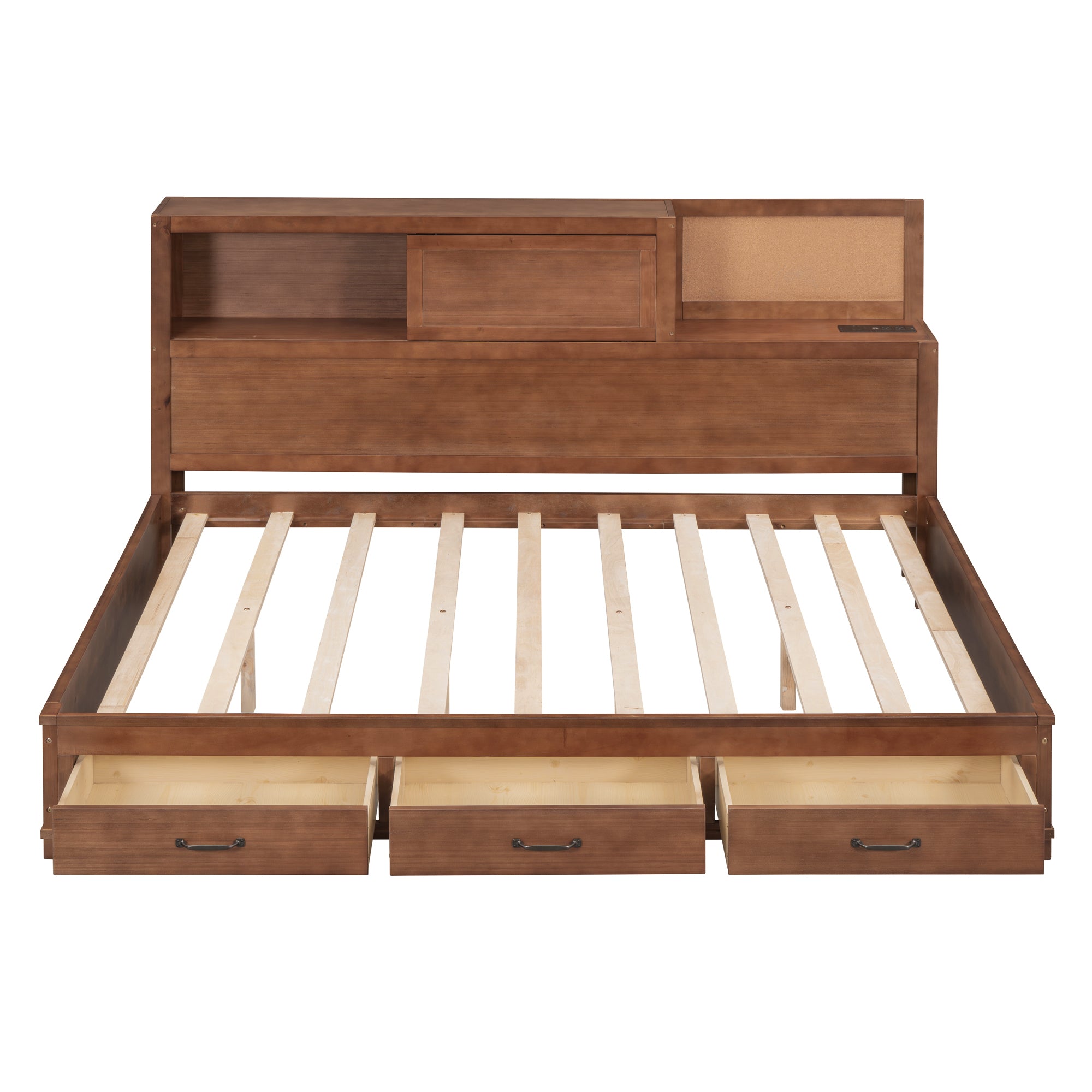 Full Size Wooden Daybed with 3 Storage Drawers, Upper Soft Board, shelf, and a set of Sockets and USB Ports, Brown - Atlantic Fine Furniture Melbourne FL