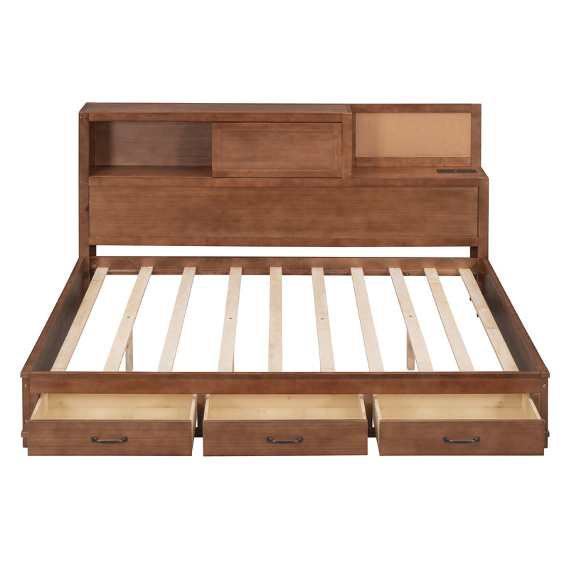 Full Size Wooden Daybed with 3 Storage Drawers, Upper Soft Board, shelf, and a set of Sockets and USB Ports, Brown