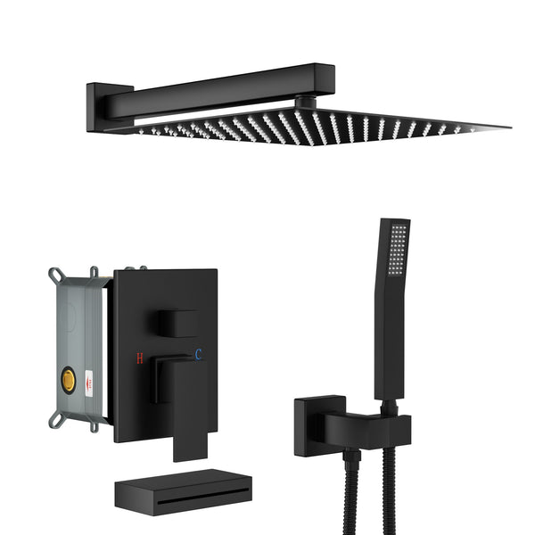 Wall Mounted Square Shower System With Waterfall Tub Spout And Rough In Valve - Matte Black