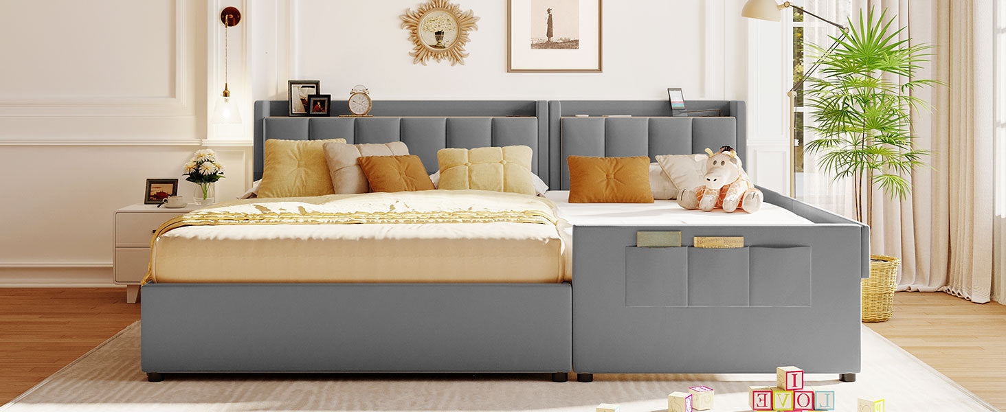 Queen Size & Twin XL Size Upholstered Platform Bed, Mother & Child Bed with Hydraulic Storage System, Drawer Box, Bedhead storage shelf and Two pairs of sockets & USB Ports, PU Leather, Gray - Atlantic Fine Furniture Melbourne FL