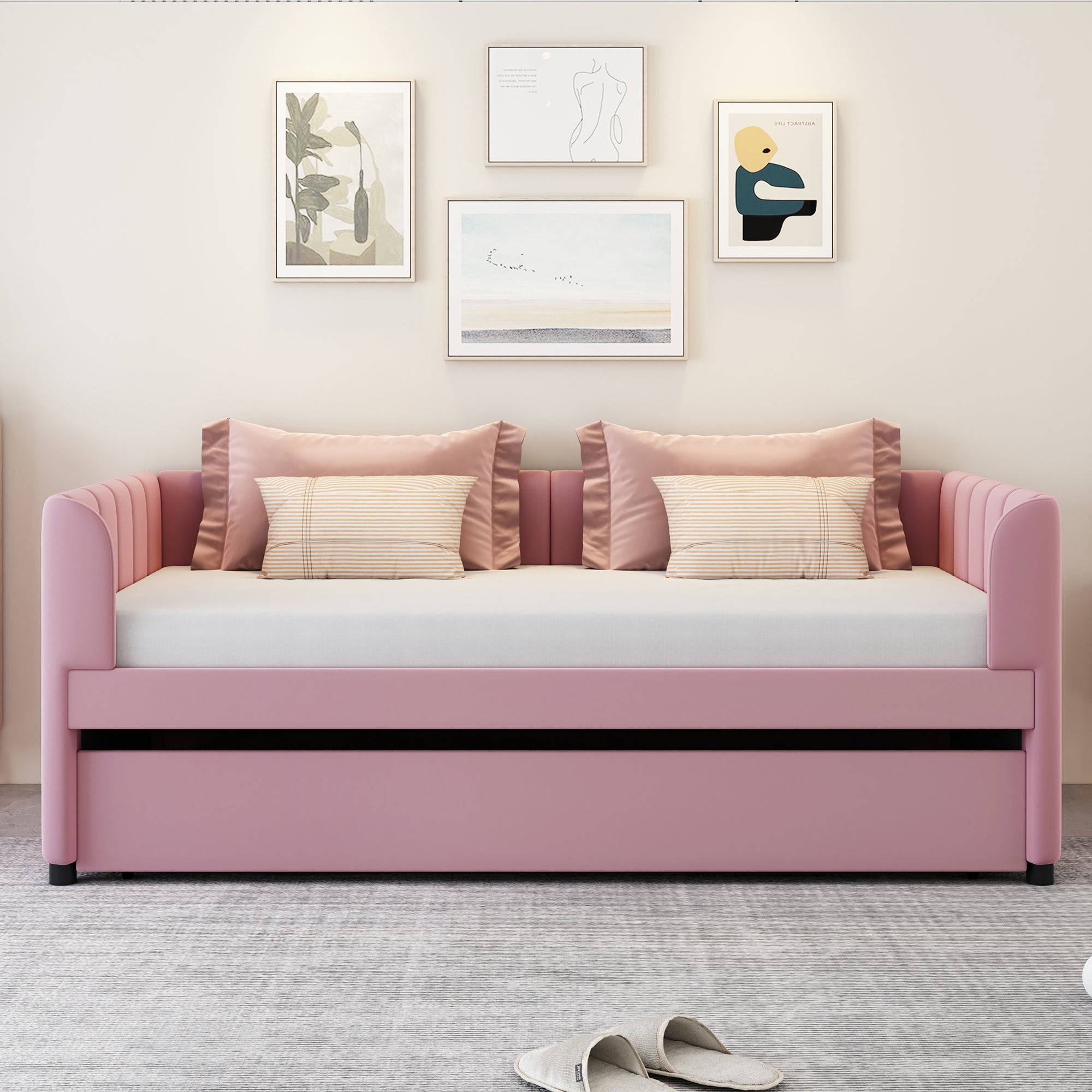 Twin Size Upholstered Daybed with Ergonomic Design Backrest and Trundle, Pink - Atlantic Fine Furniture Melbourne FL