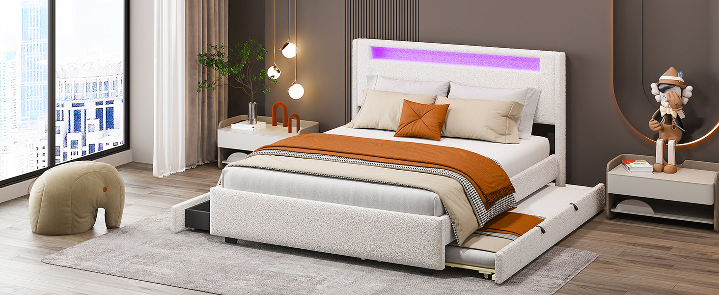 Queen Size Upholstered Platform Bed with LED Frame, with Twin  XL Size Trundle and 2 drawers, Teddy Fleece, White - Atlantic Fine Furniture Melbourne FL