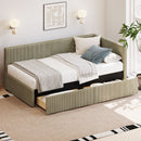 L-Shape Corner Bed, Corduroy Upholstered Daybed With 2 Storage Drawers And Vertical Striped Design