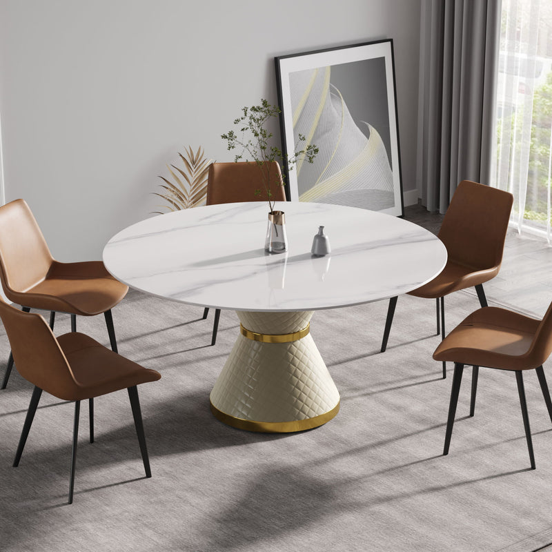 Modern Artificial Stone Round Carbon Steel Base Dining Table, Can Accommodate 6 People