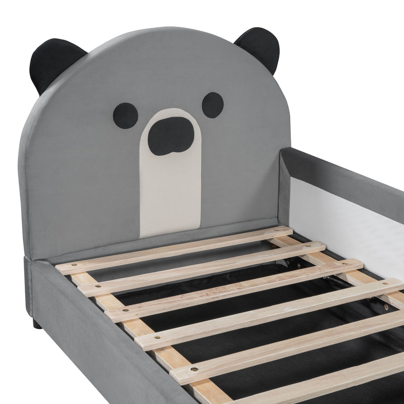 Upholstered Daybed With Bear Shaped Headboard, Hydraulic System And Breathable Mesh Fence