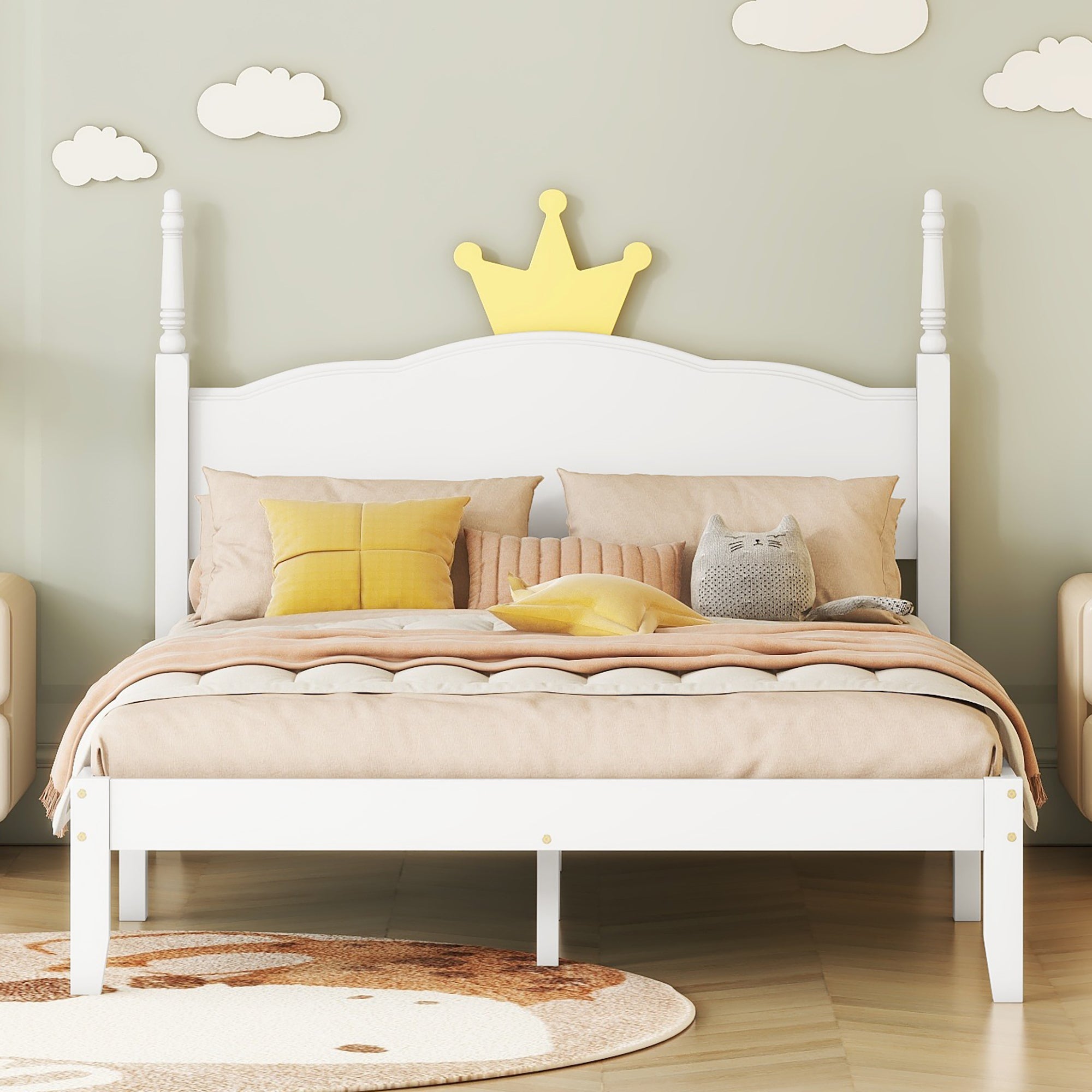 Full Size Wood Platform Bed with Crown Shaped Headboard, White - Atlantic Fine Furniture Melbourne FL