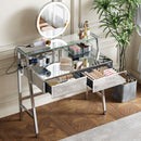 33.9" Mirrored Makeup Vanity Desk With Mirror And Lights, Mirrored Console Vanity Table With 2 Big Drawers & Open Shelf, Dressing Table With Charging Station For Bedroom - Silver