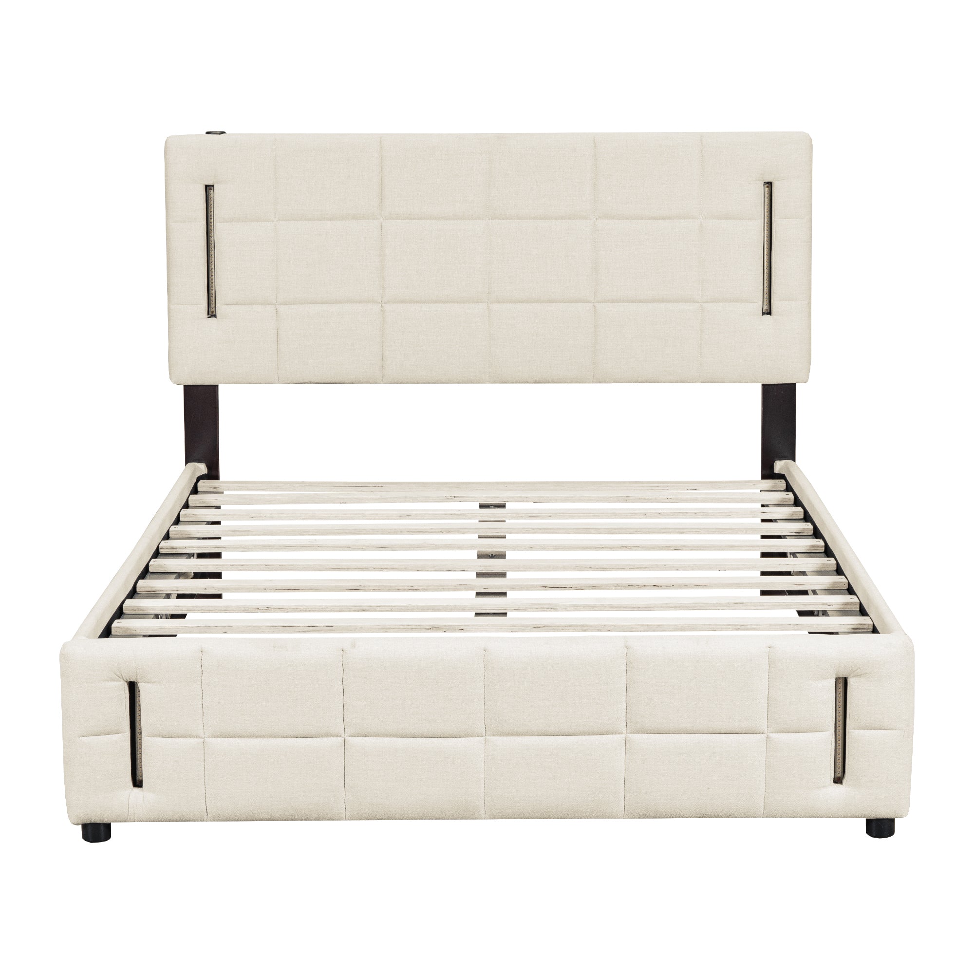Full Size Upholstered Bed with Hydraulic Storage System and LED Light, Beige