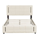 Full Size Upholstered Bed with Hydraulic Storage System and LED Light, Beige