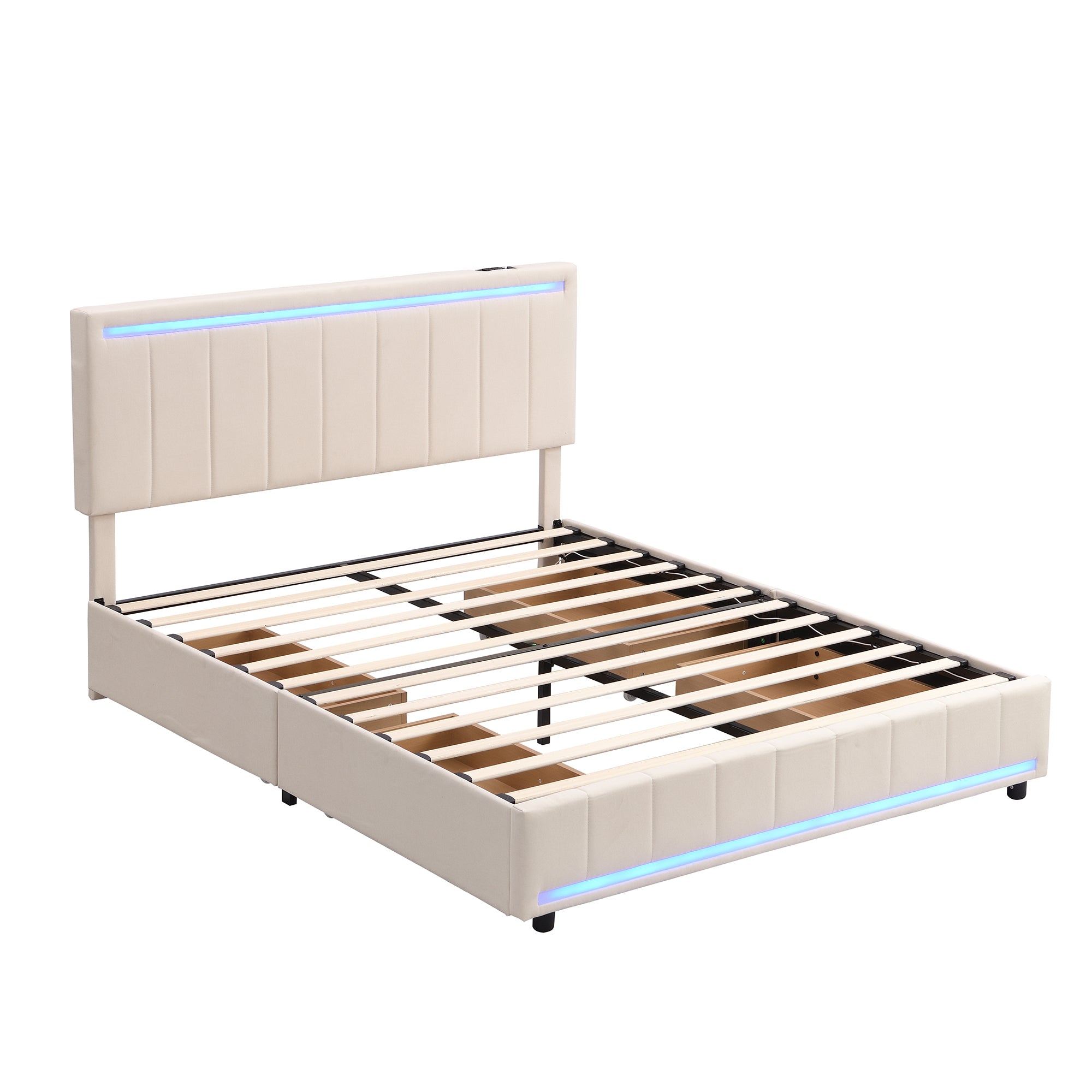 Queen Size Upholstered Bed with LED Light and 4 Drawers,  Modern Platform Bed with a set of Sockets and USB Ports, Linen Fabric, Beige - Atlantic Fine Furniture Melbourne FL
