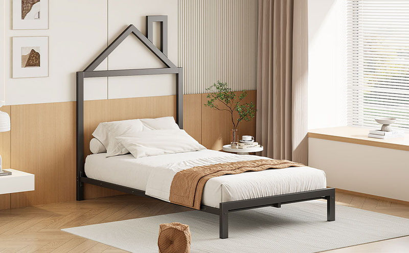 Metal Platform Bed With House-Shaped Headboard Design