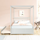 Full Size Canopy Bed with Twin Trundle, Kids Solid Wood Platform Bed Frame w/ Headboard, No Box Spring Needed White Color