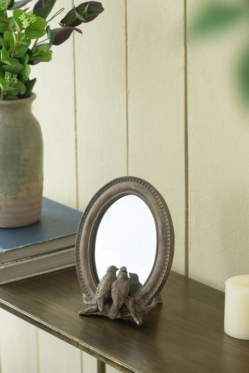 Corella Oval Bird Mirror With Resin Frame, Desk Mirror With Stand For Counter Bedroom Bathroom - Brown