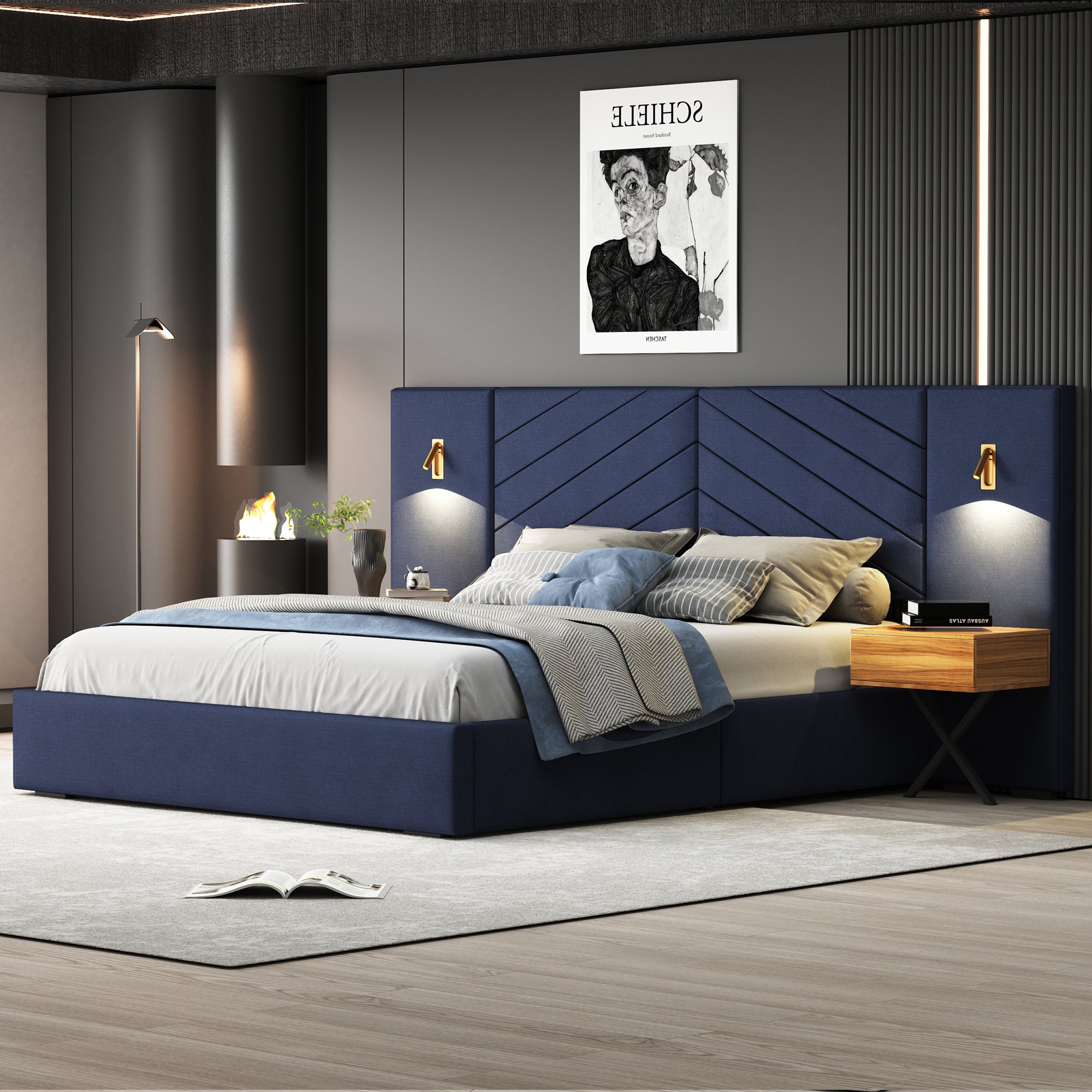 King Size Velvet Bed Frame/Vertical Channel Tufted Wingback Headboard/Upholstered Platform Bed/Strong Wooden Slats/No Box Spring Needed/Easy AssemblyRoyal blue