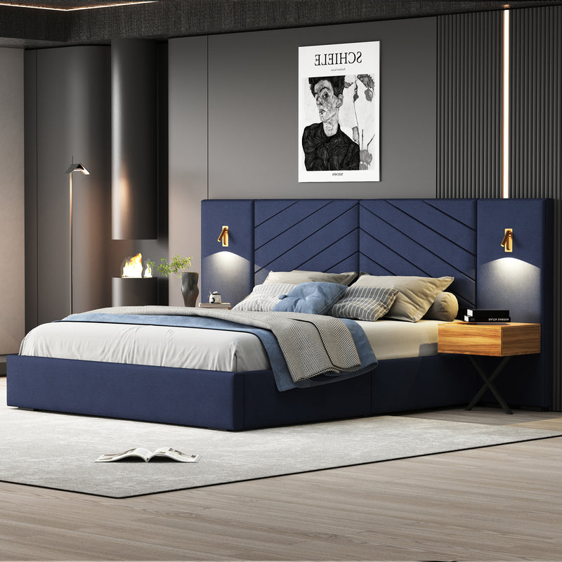 King Size Velvet Bed Frame/Vertical Channel Tufted Wingback Headboard/Upholstered Platform Bed/Strong Wooden Slats/No Box Spring Needed/Easy AssemblyRoyal blue