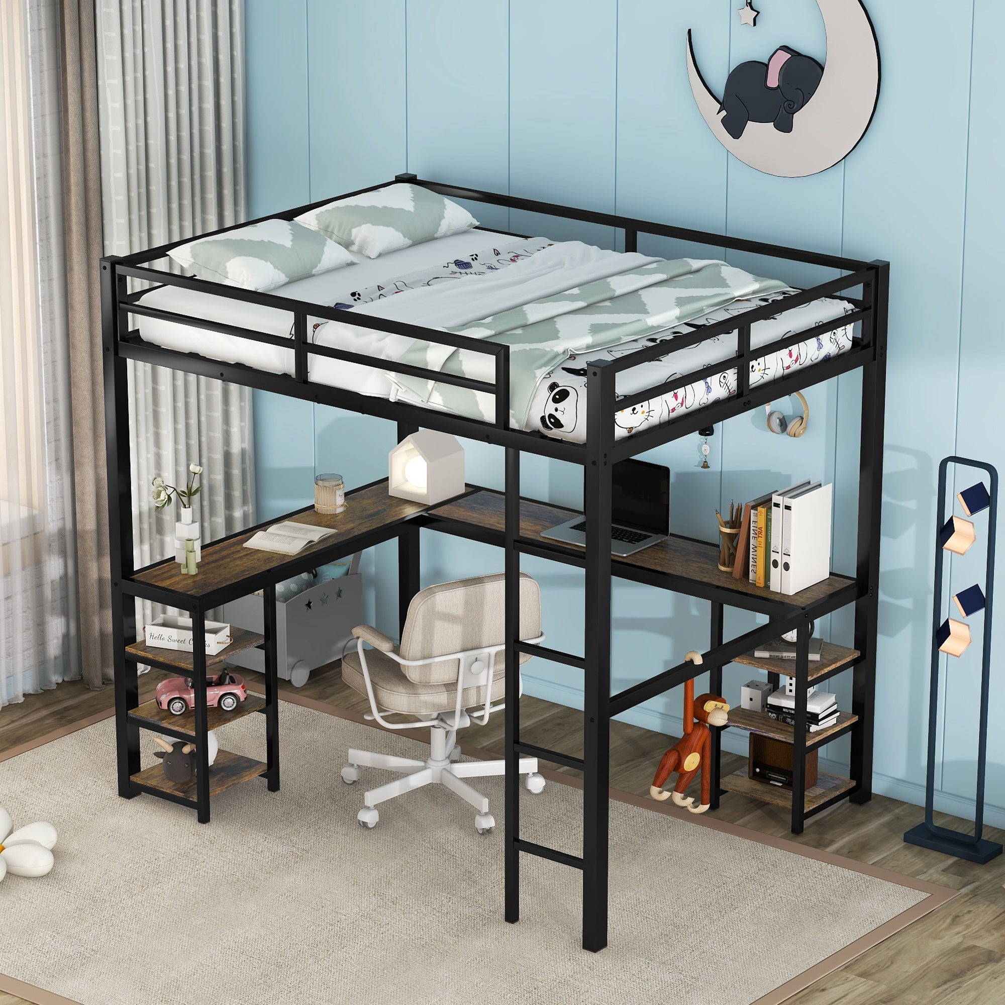 Full Metal Loft Bed with Desk and Shelves, Loft Bed with Ladder and Guardrails, Loft Bed Frame for Bedroom, Black (Old SKU: W1307S00016) (Pre-sale date: 2024/3/7.)