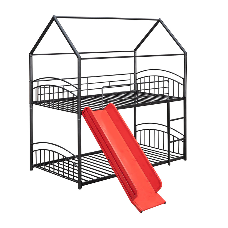 Twin Over Twin Metal Bunk Bed With Slide,Kids House Bed Black+Red