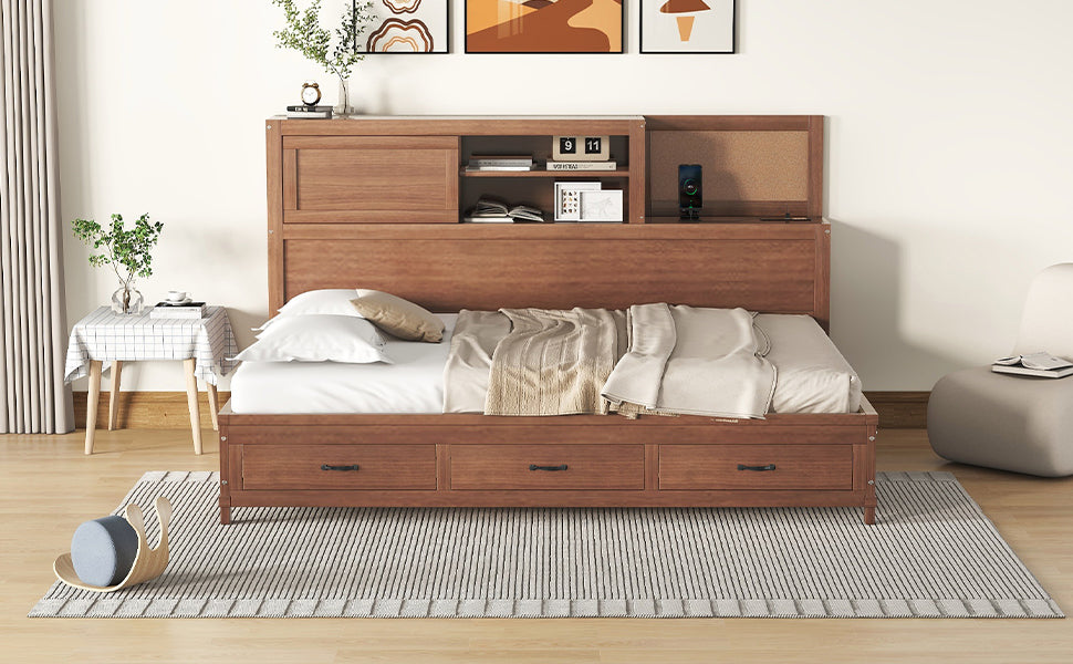 Full Size Wooden Daybed with 3 Storage Drawers, Upper Soft Board, shelf, and a set of Sockets and USB Ports, Brown - Atlantic Fine Furniture Melbourne FL