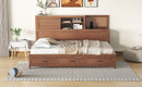 Full Size Wooden Daybed with 3 Storage Drawers, Upper Soft Board, shelf, and a set of Sockets and USB Ports, Brown