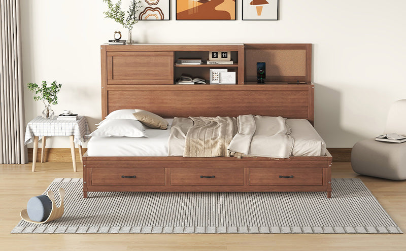 Full Size Wooden Daybed with 3 Storage Drawers, Upper Soft Board, shelf, and a set of Sockets and USB Ports, Brown