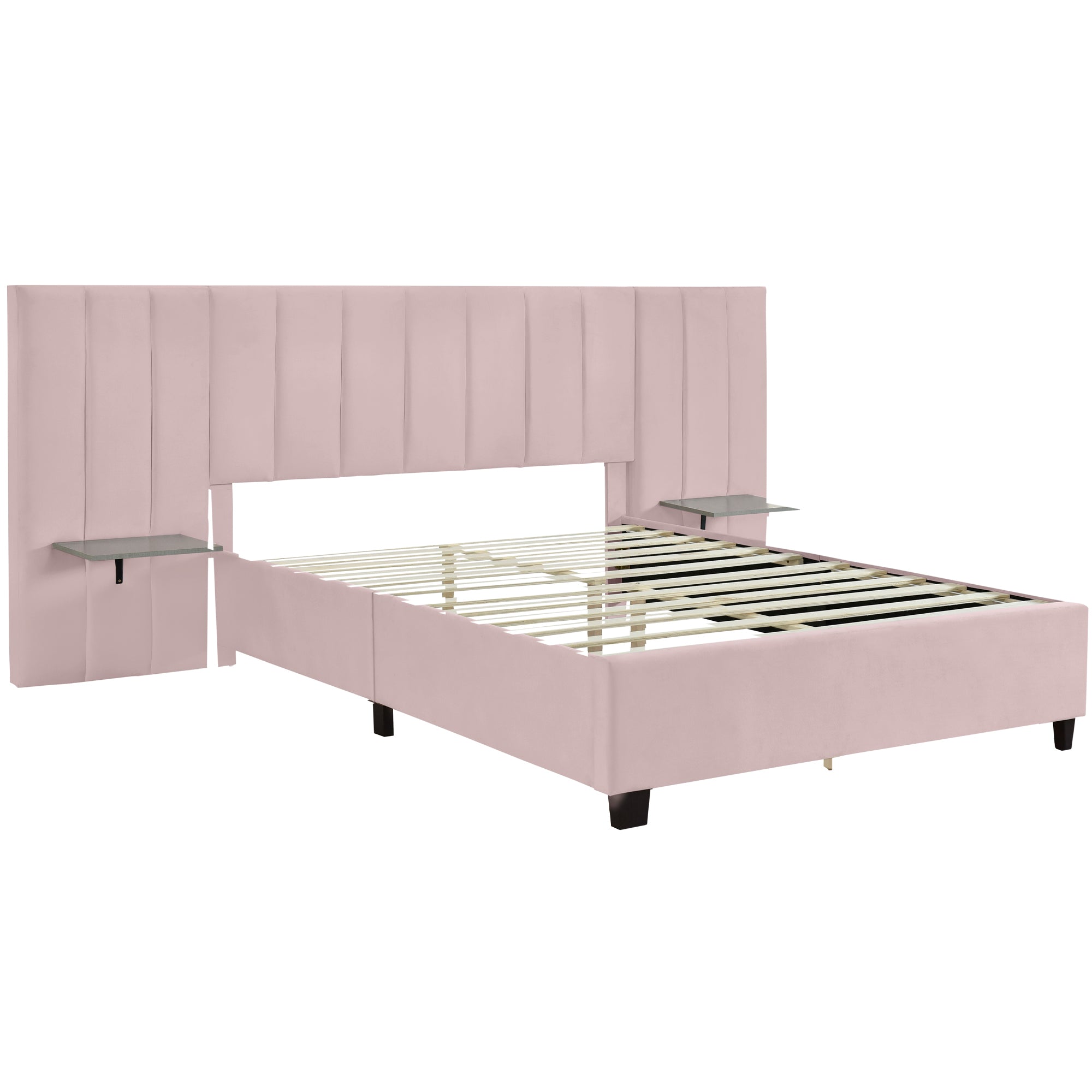 Queen Size Upholstered Platform Bed with Big Headboard, Bedroom Furniture, Velvet, Pink - Atlantic Fine Furniture Melbourne FL