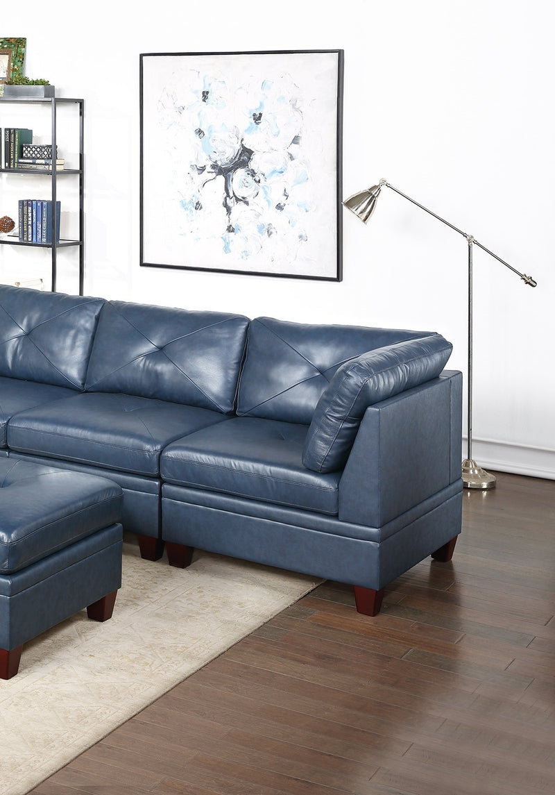 Genuine Leather Ink Blue Tufted 6pc Modular Sofa Set 2x Corner Wedge 3x Armless Chair 1x Ottoman Living Room Furniture Sofa Couch