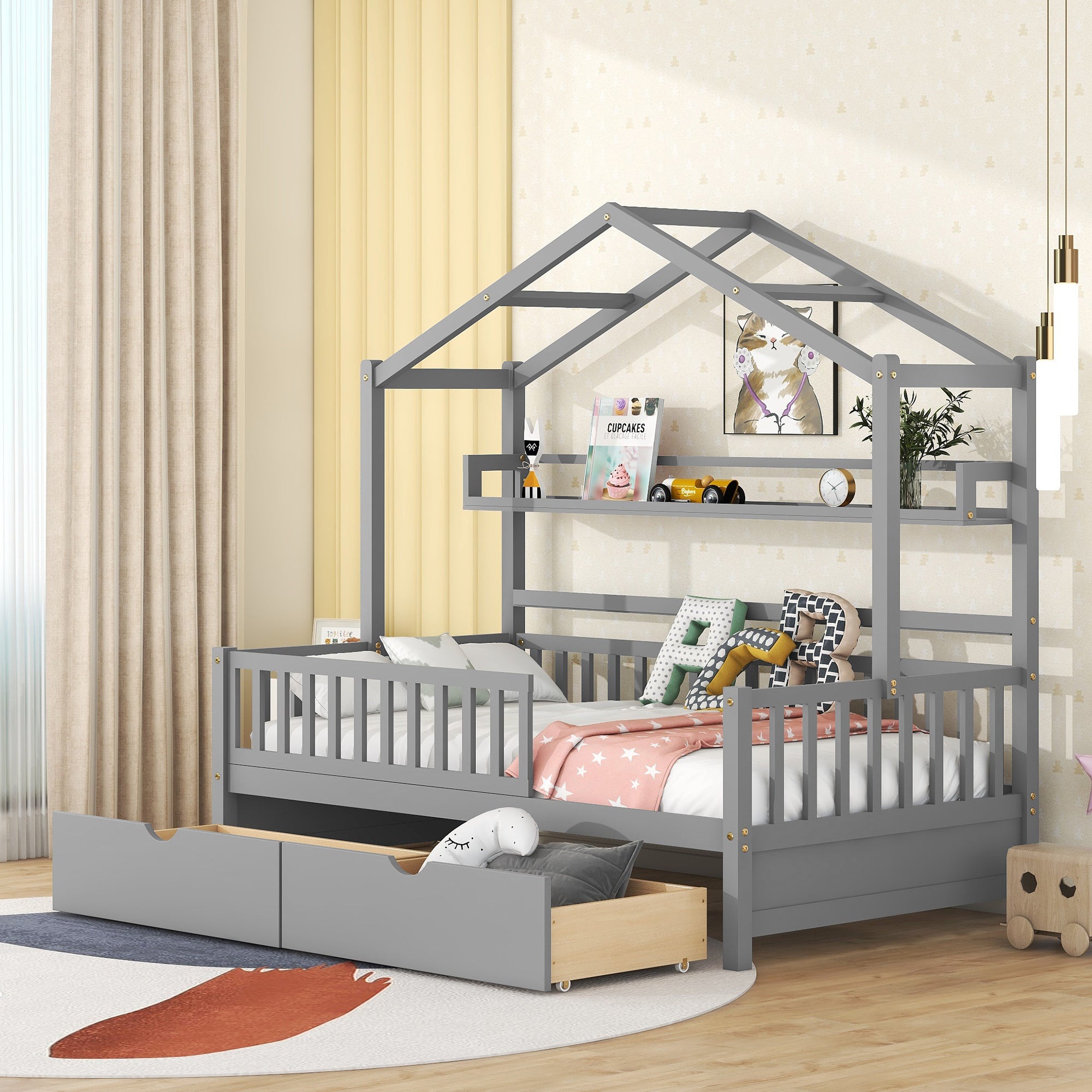 Wooden Twin Size House Bed with 2 Drawers,Kids Bed with Storage Shelf, Gray - Atlantic Fine Furniture Melbourne FL