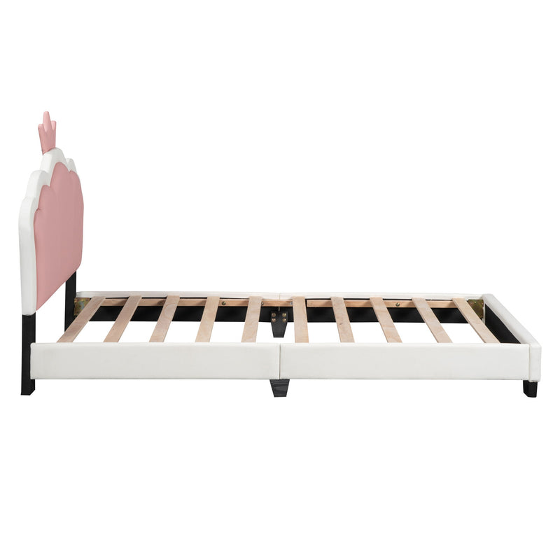 Twin Size Upholstered Princess Bed With Crown Headboard, Twin Size Platform Bed With Headboard And Footboard - White / Pink