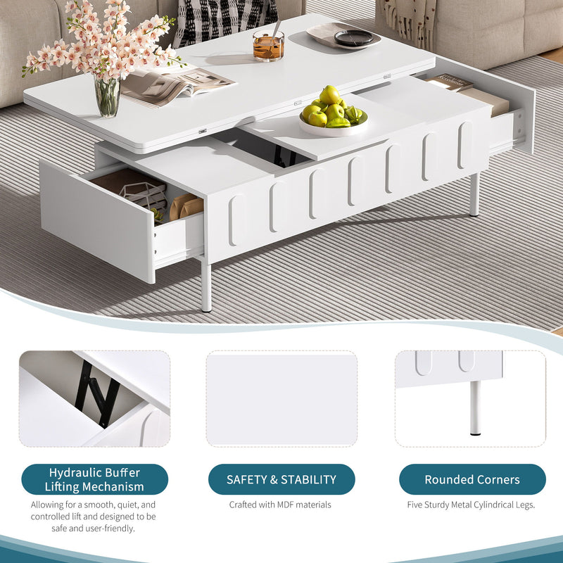 Lift Top Coffee Table With 2 Drawers With Hidden Storage Compartment For Living Room